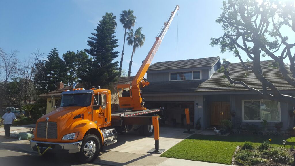 Crane lifting jacuzzi over home