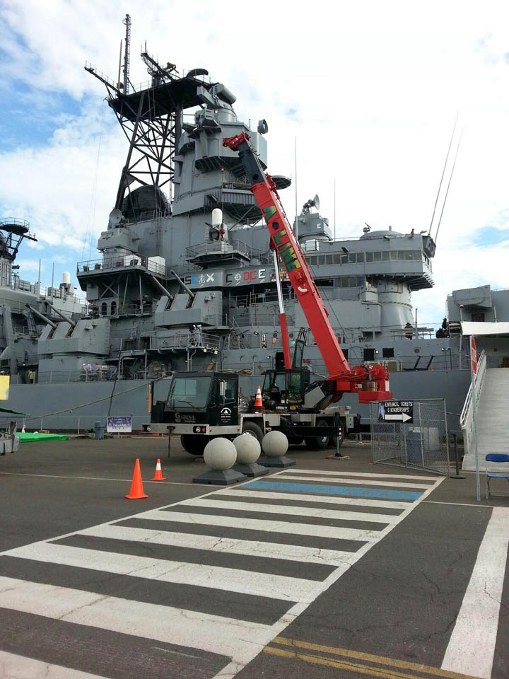 Crane in front of USS Iowa