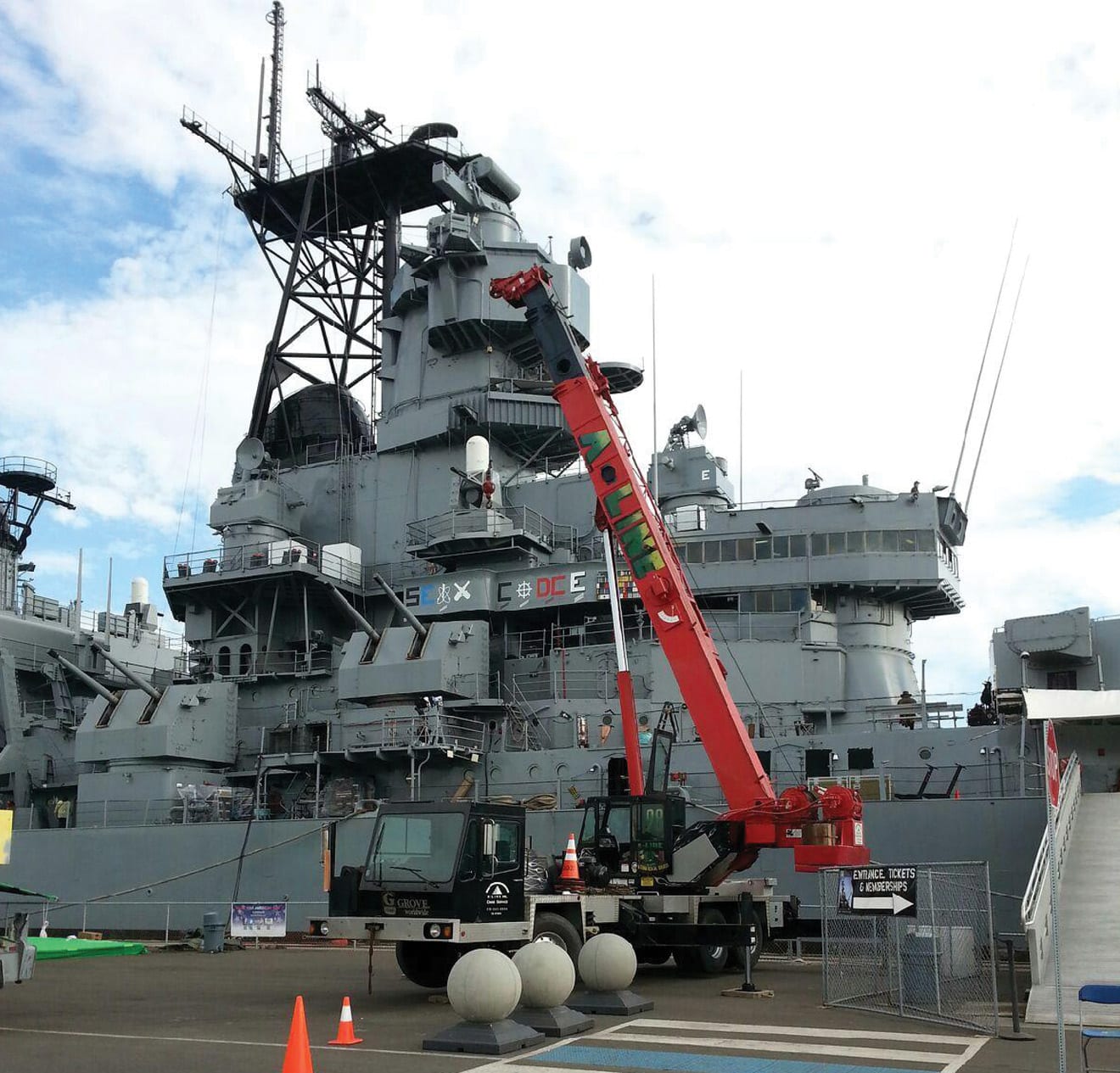 Crane in front of the USS Iowa in Los Angeles